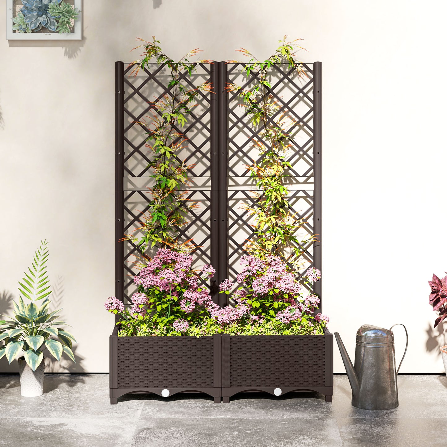 Outsunny Raised Garden Bed With Trellis Plastic Planter Box For Climbing Plants Vegetables And Flowers With Drainage