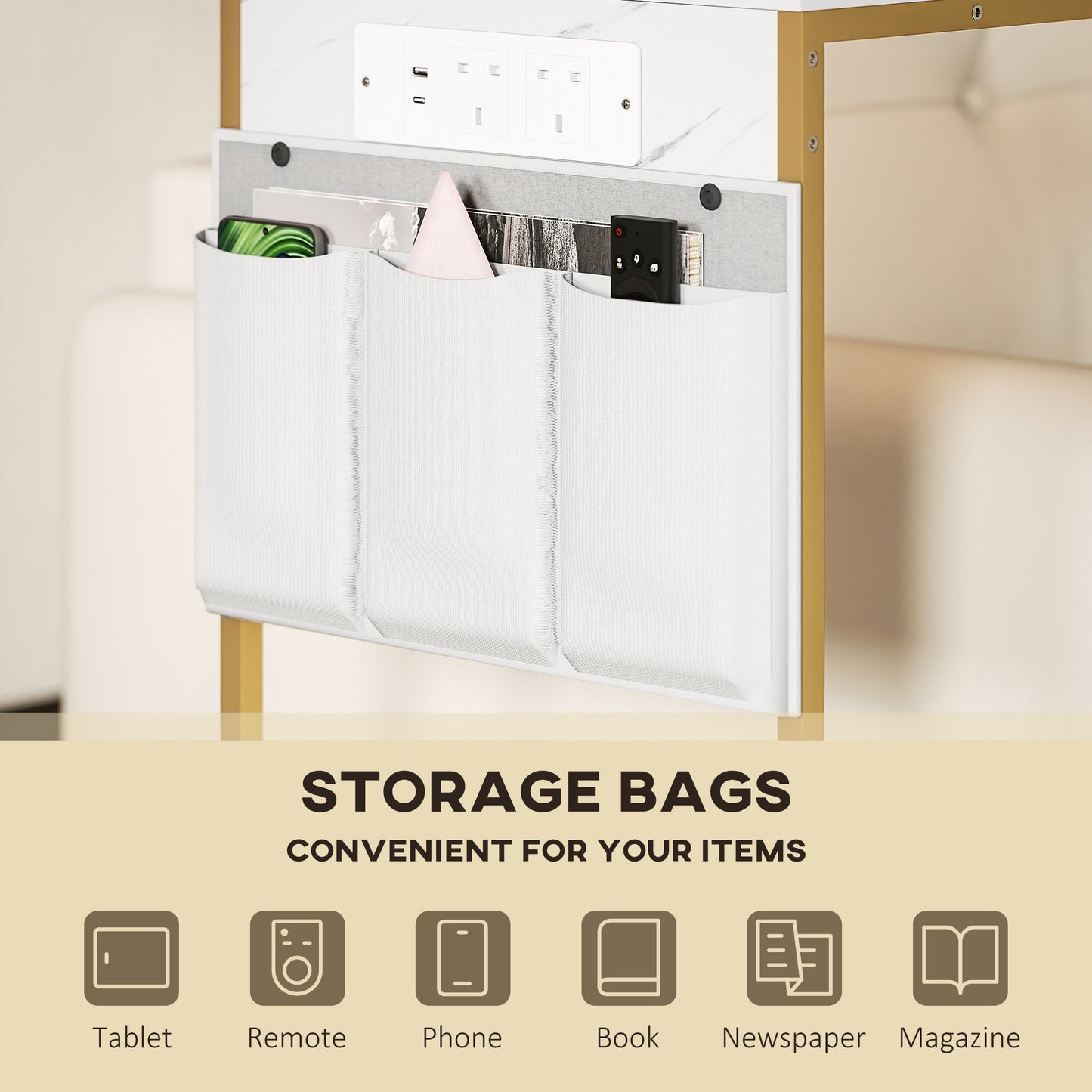 HOMCOM C Shaped Bedside Table With Charging Station Marble Grain Finish Power Outlets USB Ports Storage Bags White