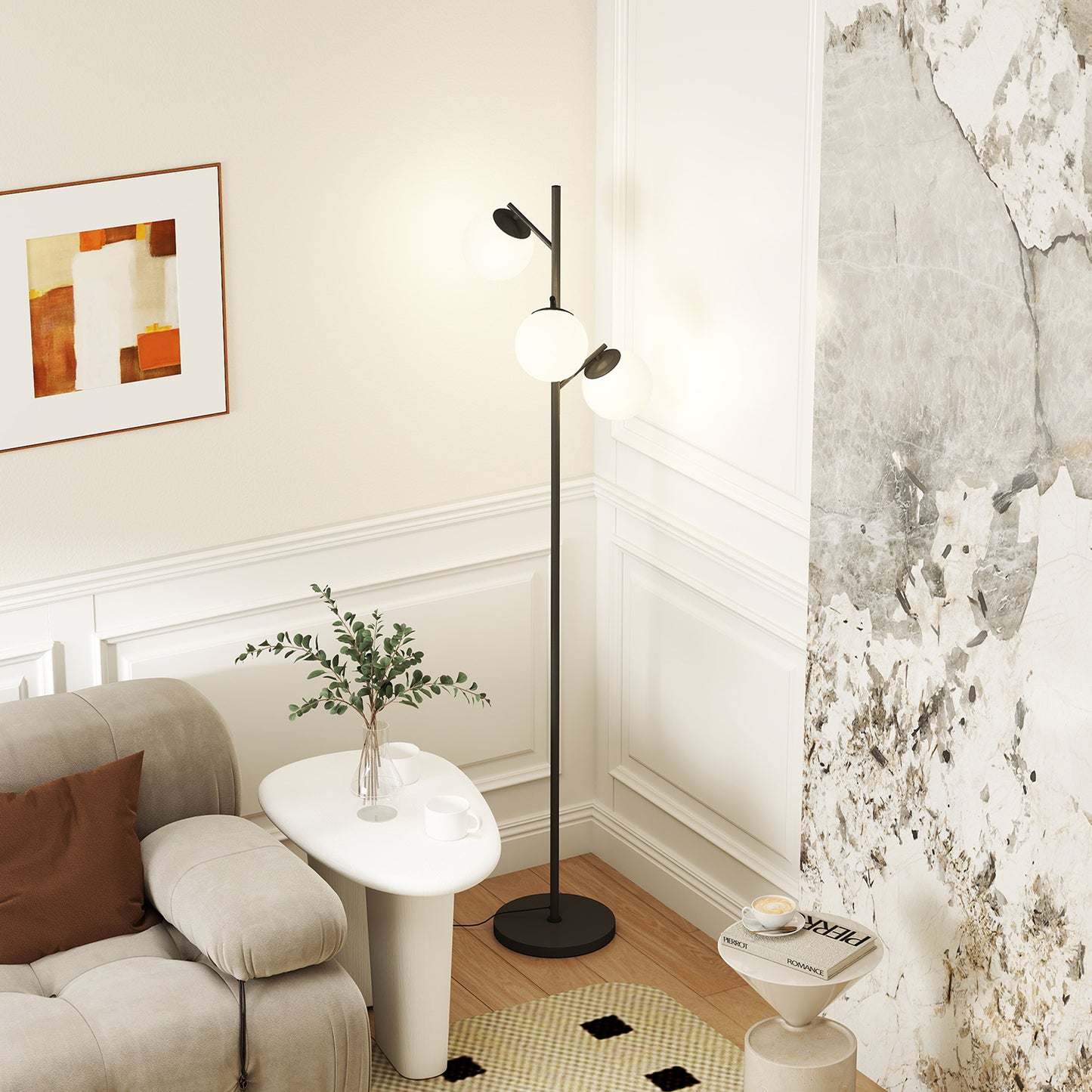 HOMCOM 3 Light Tree Floor Lamp Living Room Modern Standing Lamp Globe Lampshades Black Steel Base Bulb Not Included