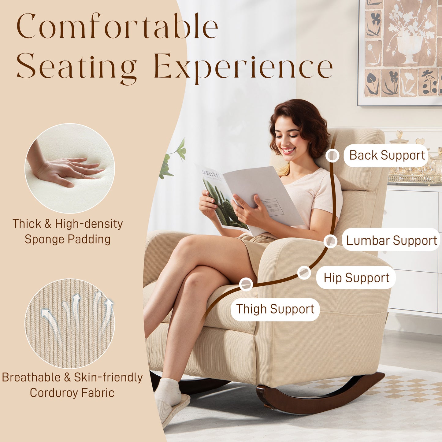 HOMCOM Corduroy Rocking Armchair Beige With 11 Degree Rocking Base And Thick Padding For Superior Comfort