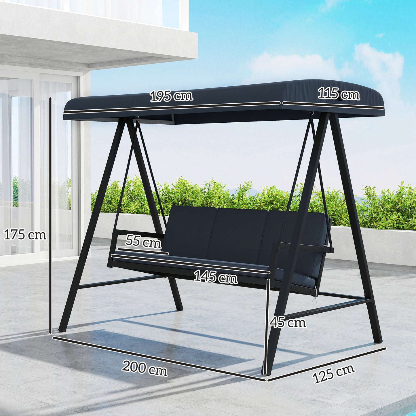 Outsunny Three Seat Garden Swing Chair with Adjustable Canopy Dark Gray Outdoor Patio Cushioned Bench for Three People
