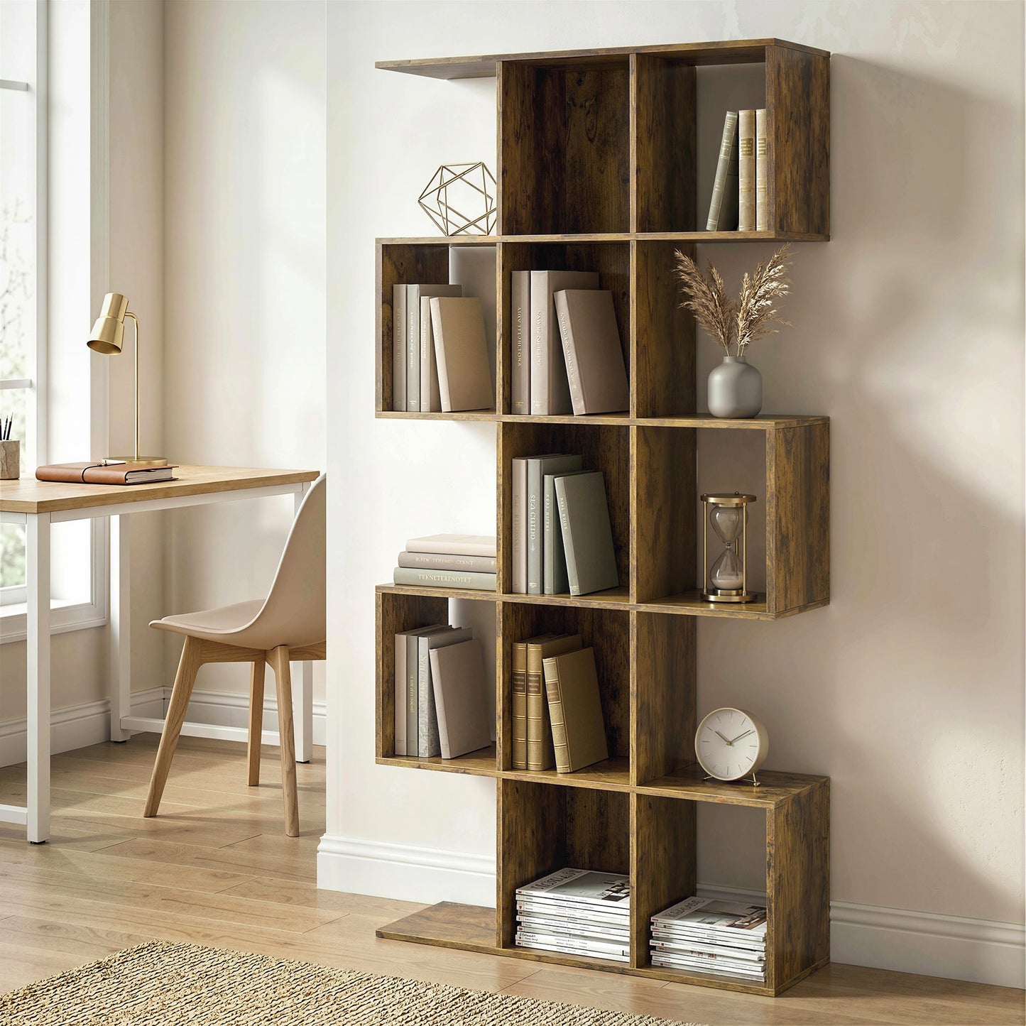 HOMCOM 5 Tier Bookshelf S Shaped Geometric Bookcase 15 Compartments Rustic Brown