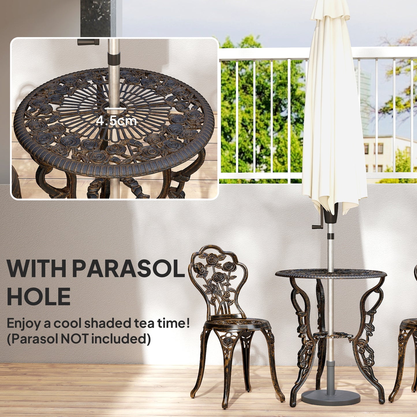Outsunny Outdoor Patio Bistro Set Vintage Rose Design Round Table With 2 Chairs Umbrella Hole Metallic Finish
