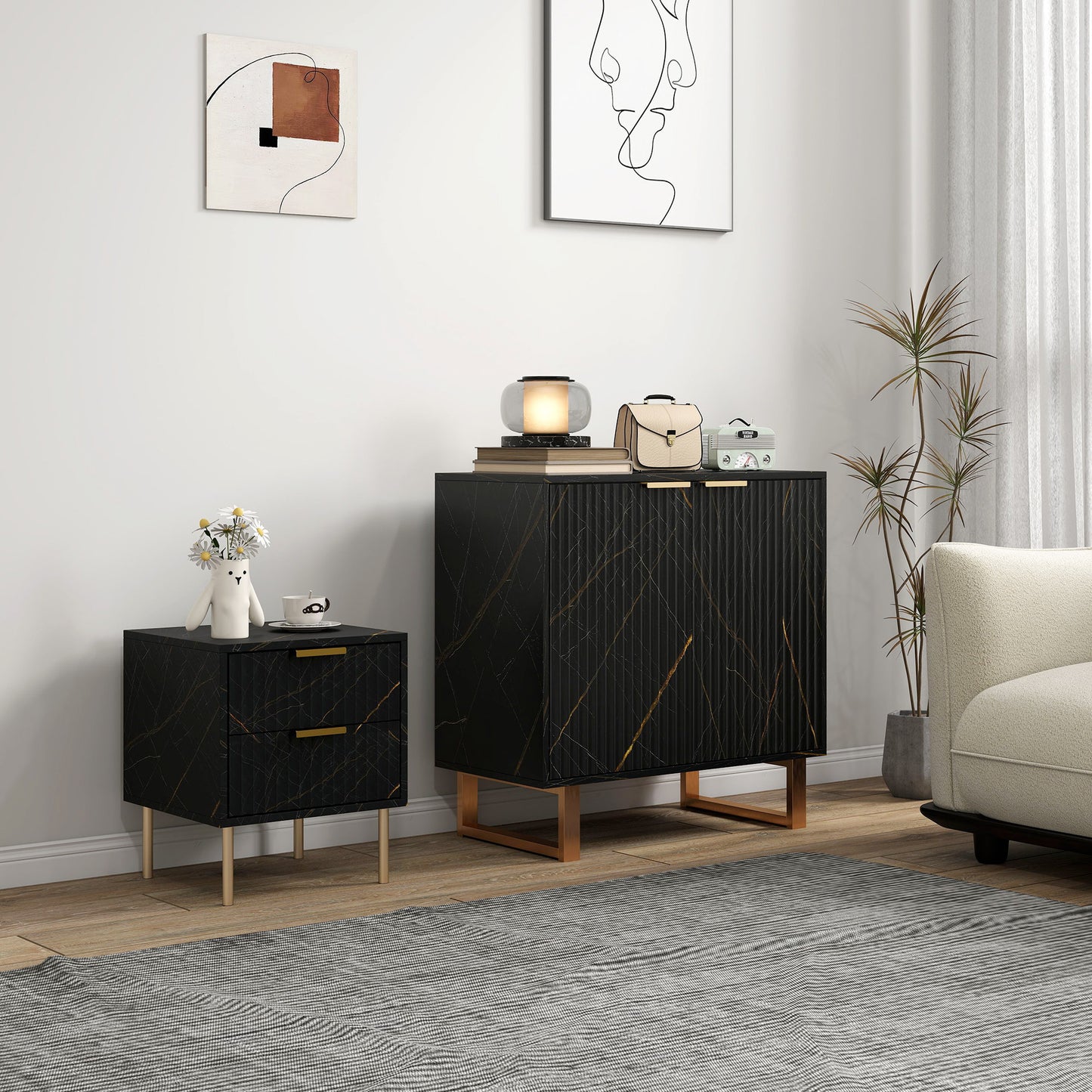 HOMCOM Marble Effect Sideboard Accent Cabinet With Adjustable Shelf Fluted Doors And Drawers Black