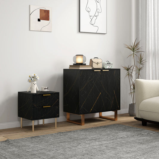HOMCOM Marble Effect Sideboard Accent Cabinet With Adjustable Shelf Fluted Doors And Drawers Black