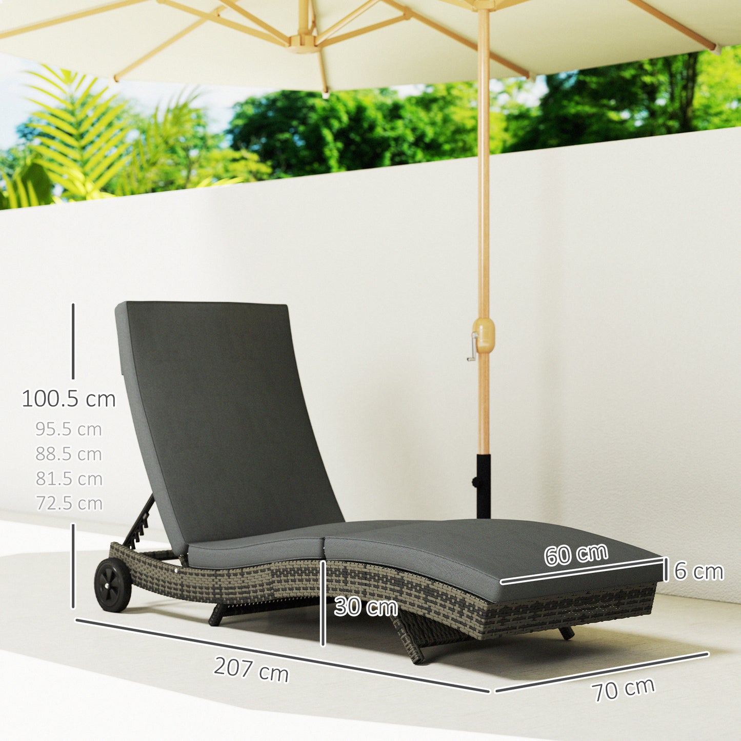 Outsunny Patio Wicker Chaise Lounge Chair Outdoor PE Rattan Sun Lounger With Adjustable Backrest And Wheels Dark Grey