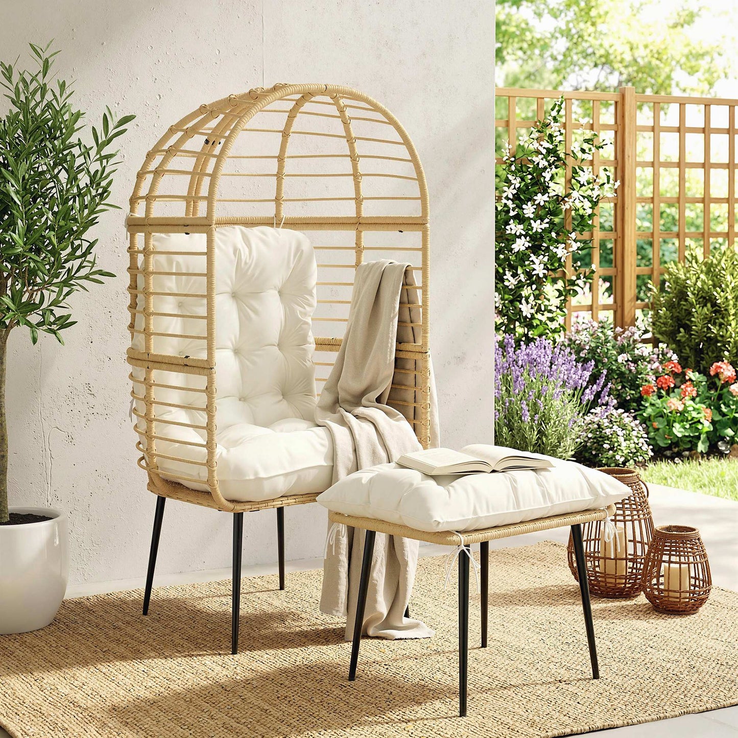 Outsunny Garden Egg Chair With Footstool Rattan Indoor Outdoor Lounge Chair And Ottoman Set Beige Cushions