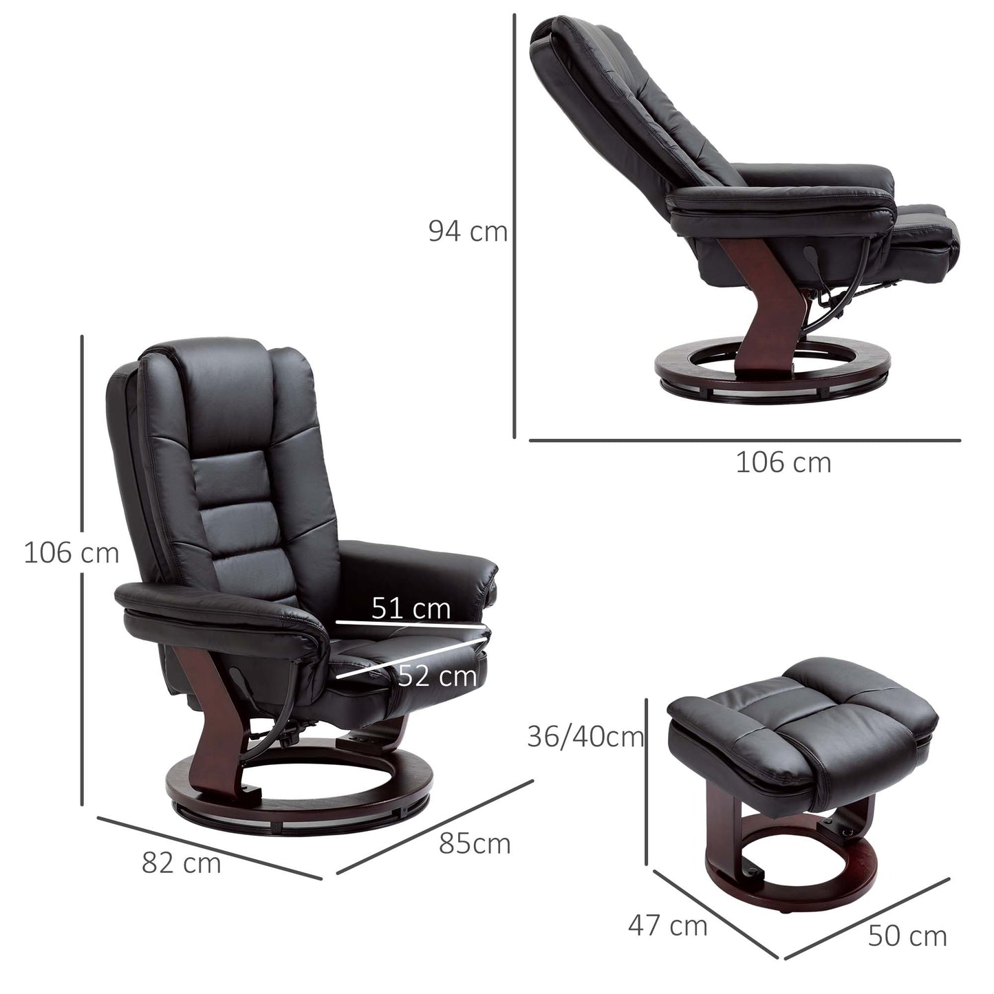HOMCOM PU Leather Recliner Chair With Footstool 130kg Capacity 135 Degree Swivel Wood Base Black