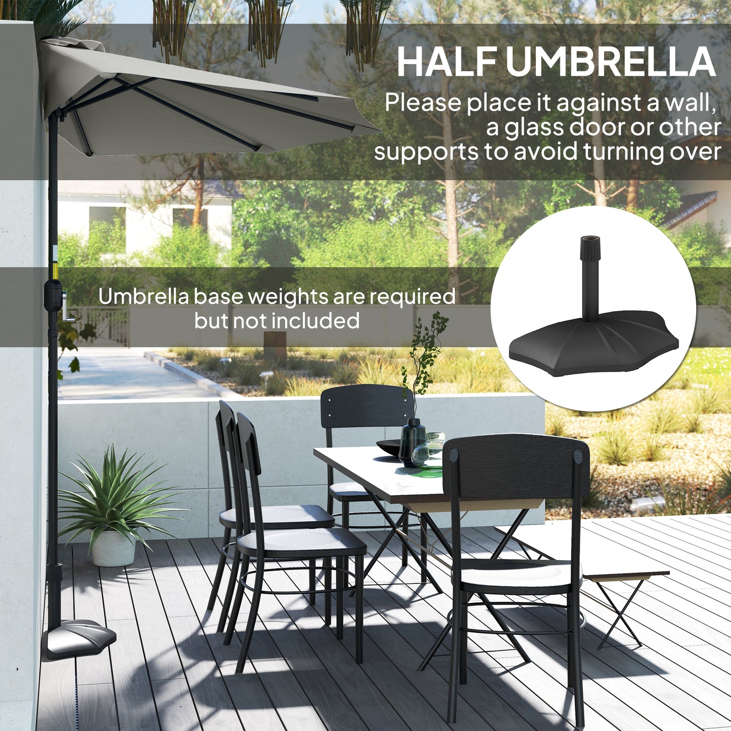 Outsunny Half Round Solar Parasol Umbrella for Balconies and Small Gardens Light Grey