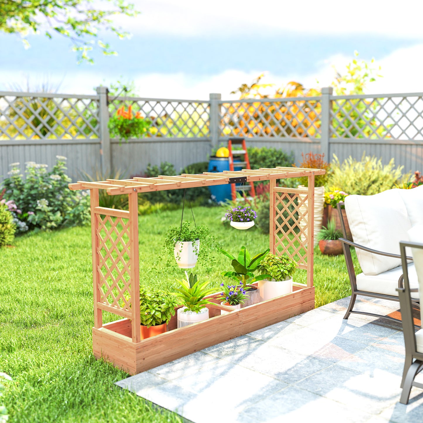 Outsunny Fir Wood Raised Planter With Trellis And Roof Drainage Holes Outdoor Garden Bed 175 X 39 Cm Planter Box