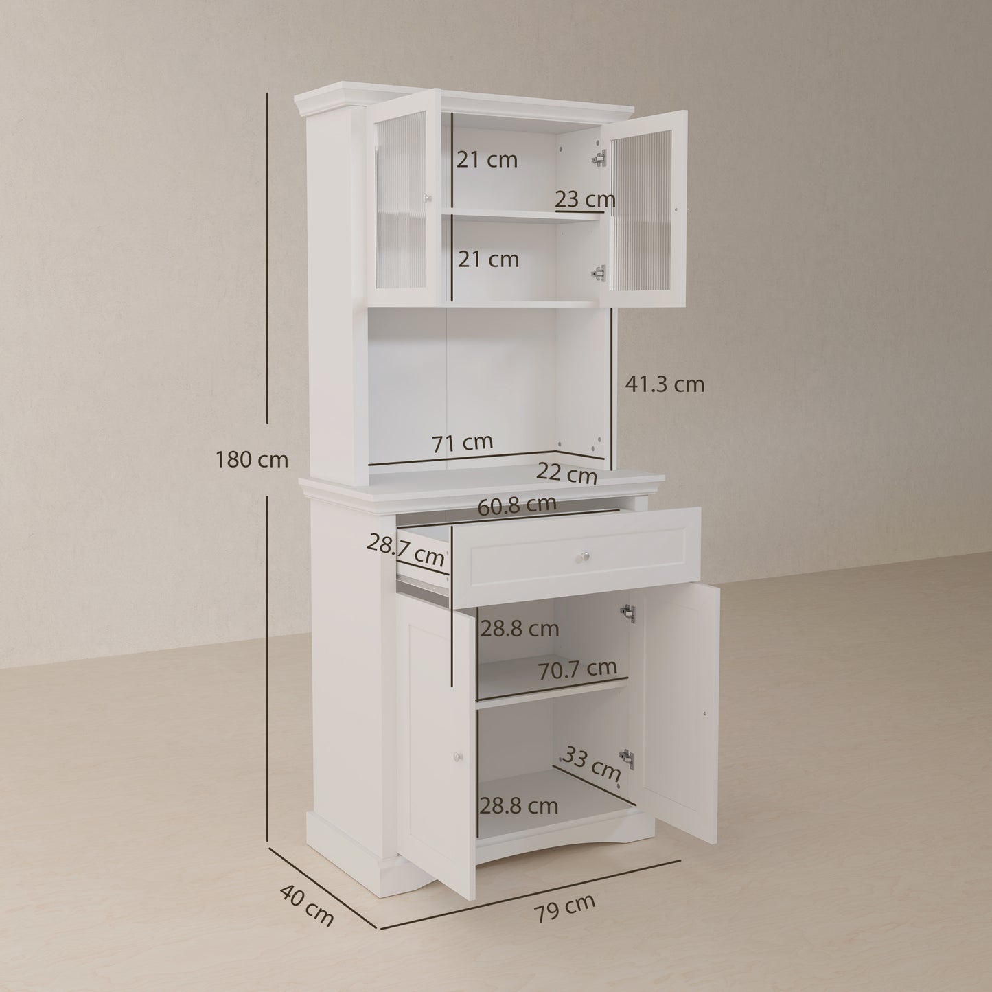HOMCOM 4 Door Kitchen Cupboard With Drawer Freestanding Cabinet Glass Doors Adjustable Shelves Open Counter White