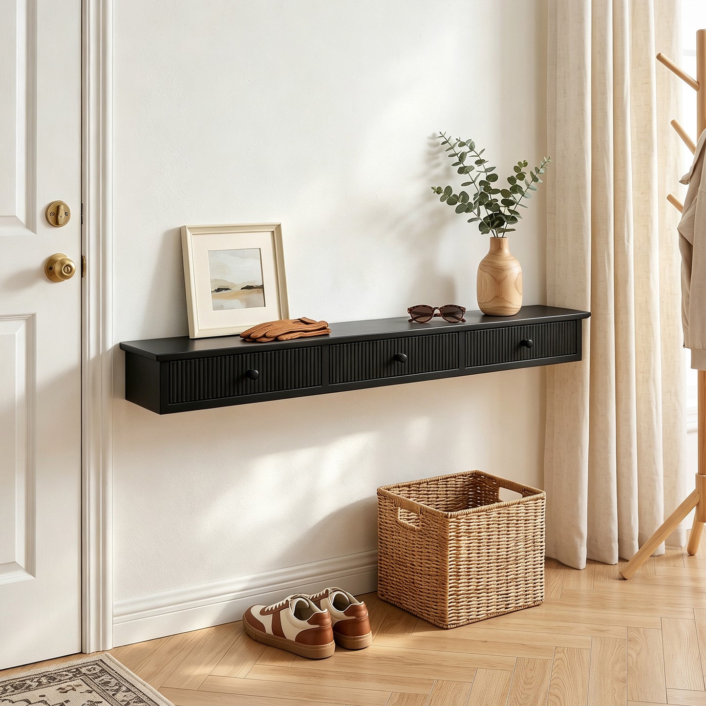 HOMCOM Black Wall Mount Storage Shelf Unit With Drawers For Entryway