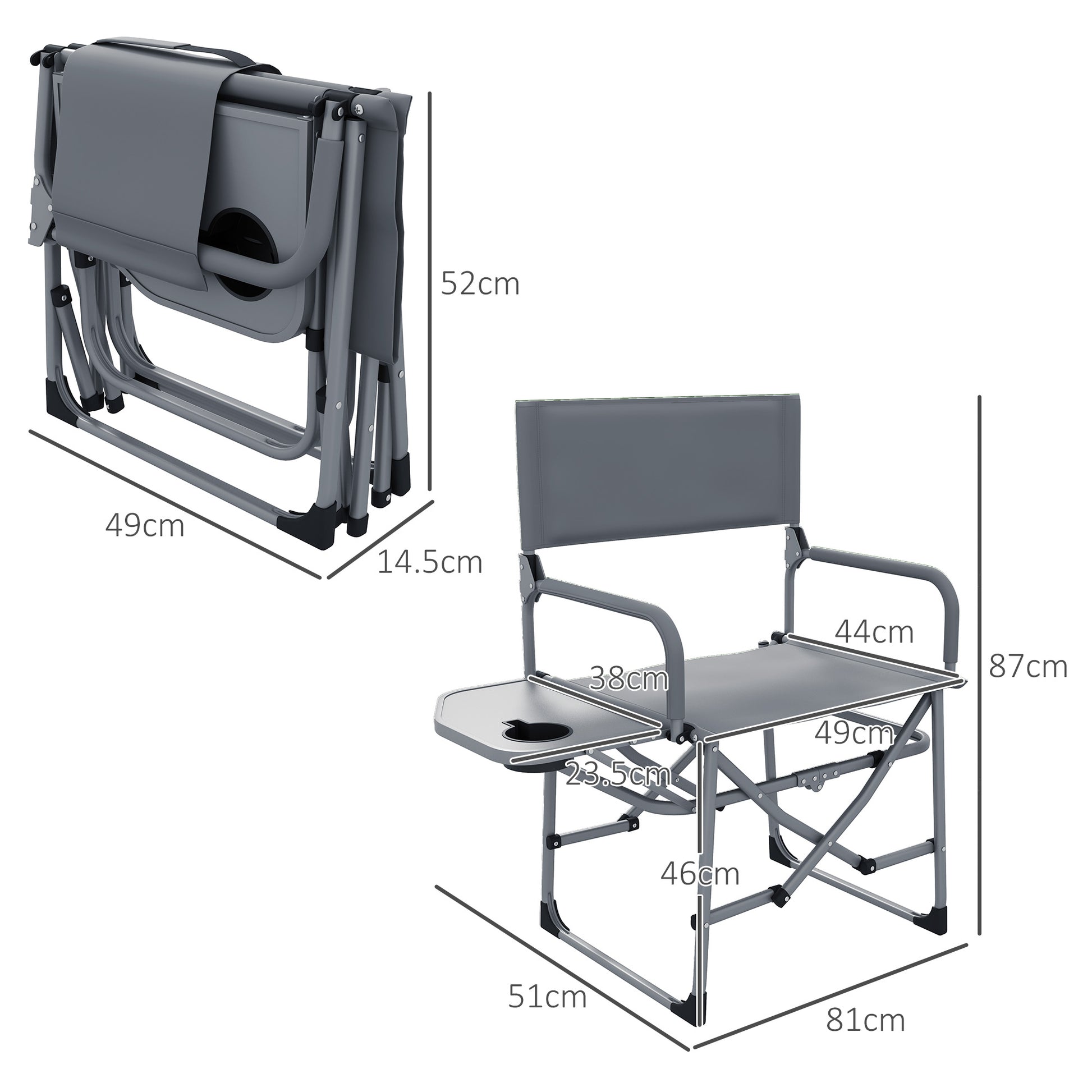 Outsunny Compact Grey Folding Camping Chair with Side Table and Cupholder - ALL4U RETAILER LTD