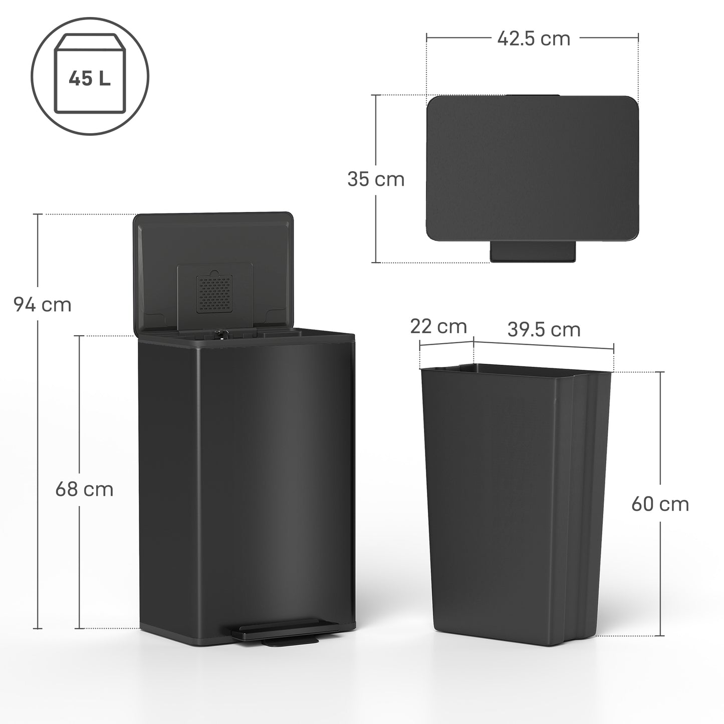 HOMCOM 45L Pedal Kitchen Bin With Soft Close Lid And Stay Open Function Removable Inner Bucket Odor Control For Kitchen