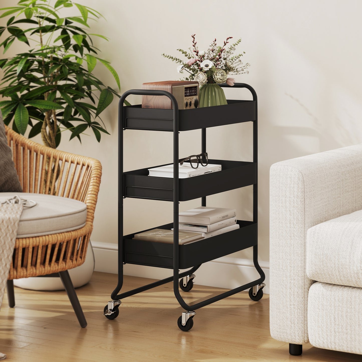 HOMCOM 3 Tier Storage Trolley on Wheels Rolling Utility Cart with Mesh Baskets for Kitchen Bathroom Bedroom Black