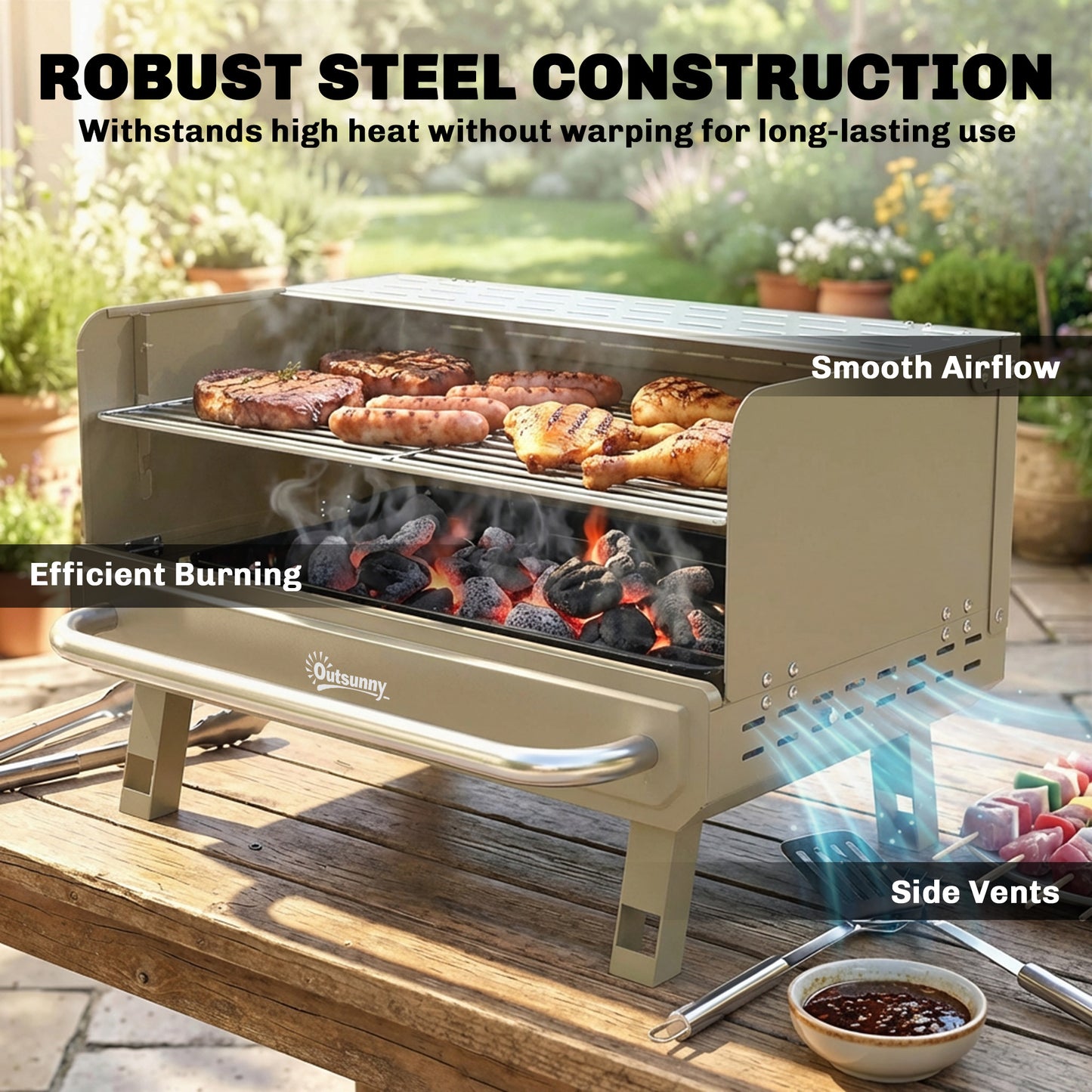 Outsunny Portable Charcoal BBQ Grill With Adjustable Grates Foldable Legs Side Shelf For Camping Travel Khaki