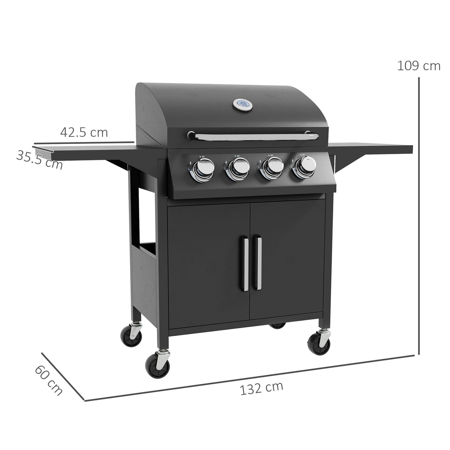 Outsunny 4 Burner Gas BBQ Grill Outdoor Portable Barbecue Trolley w/ Warming Rack, Side Shelves, Storage Cabinet, Thermometer - ALL4U RETAILER LTD