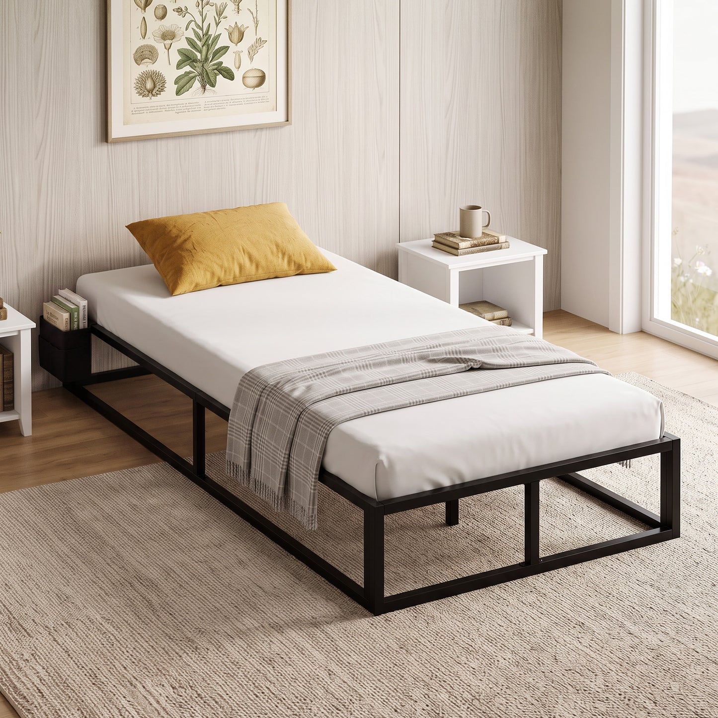 HOMCOM Black Metal Platform Bed Frame With 12 Slats And Storage Bag