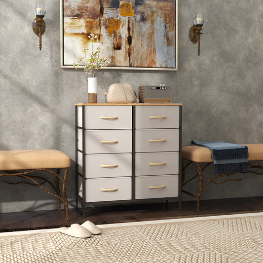 HOMCOM Fabric Chest Of Drawers With 8 Fabric Drawers Steel Frame And Wooden Top Cream White For Nursery