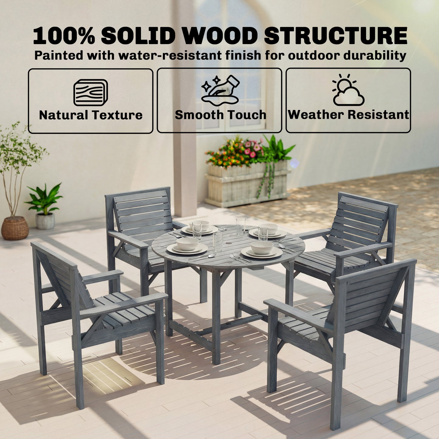 Outsunny 5 Piece Garden Dining Set With Parasol Hole, Round Table And Chairs, 4 Seater Wooden Outdoor Furniture, Grey