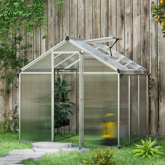 Outsunny 6x6ft Aluminium Frame Greenhouse with Foundation Base - Sturdy Outdoor Gardening Plant House