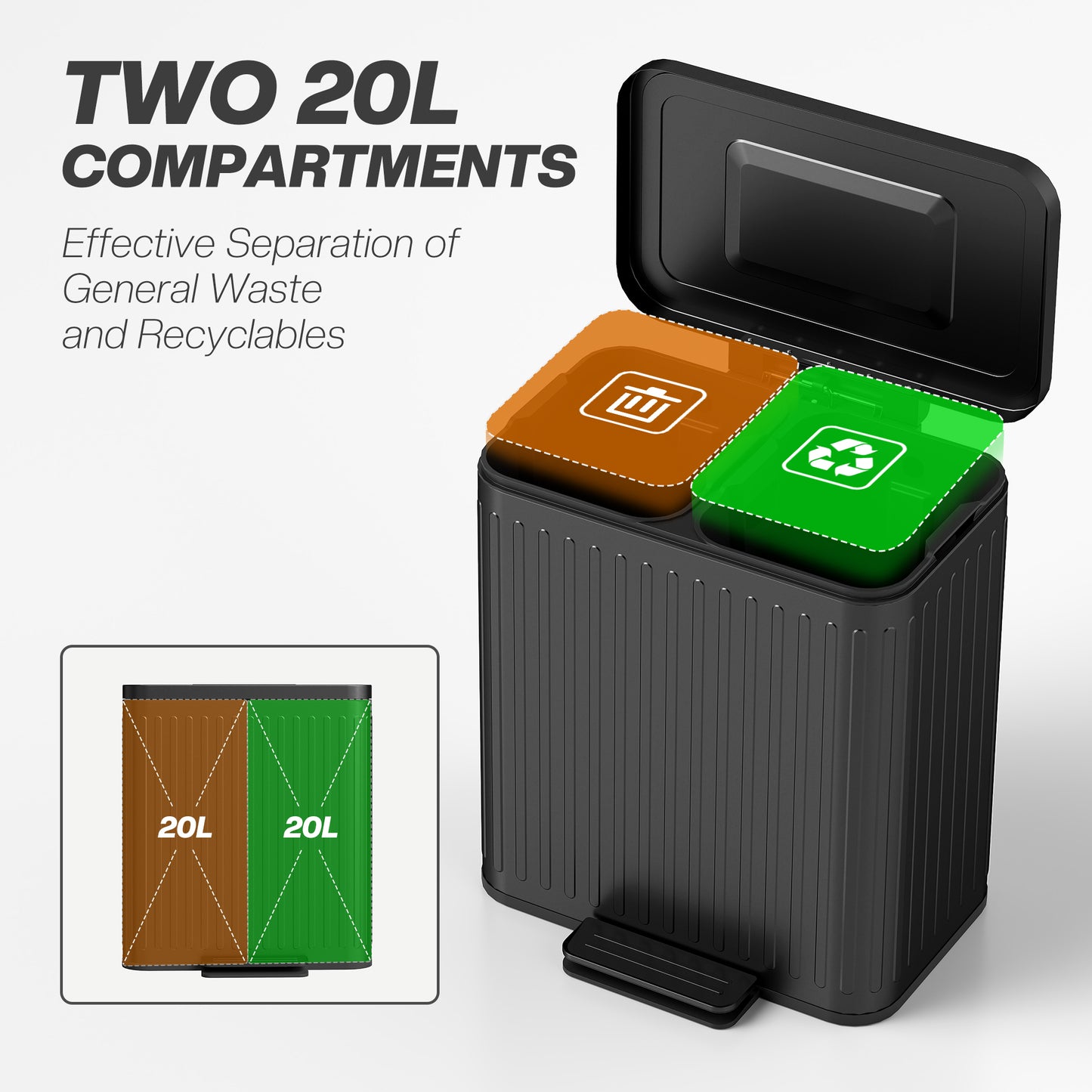 HOMCOM 40L Dual Compartment Pedal Bin With Soft Close Lid And Stay Open Option Metal Kitchen Waste Bin Black