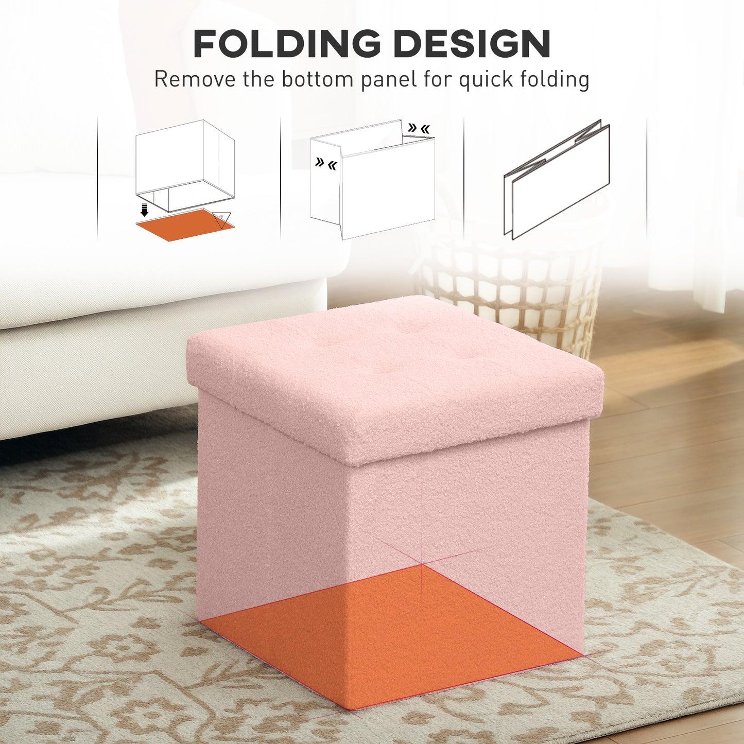 HOMCOM Foldable Sherpa Fleece Storage Ottoman Pink with High Density Foam Soft Touch Upholstery for Small Spaces