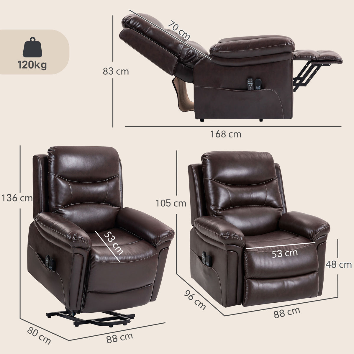 Brown PU leather riser recliner chair with lift base, size layout graphic.