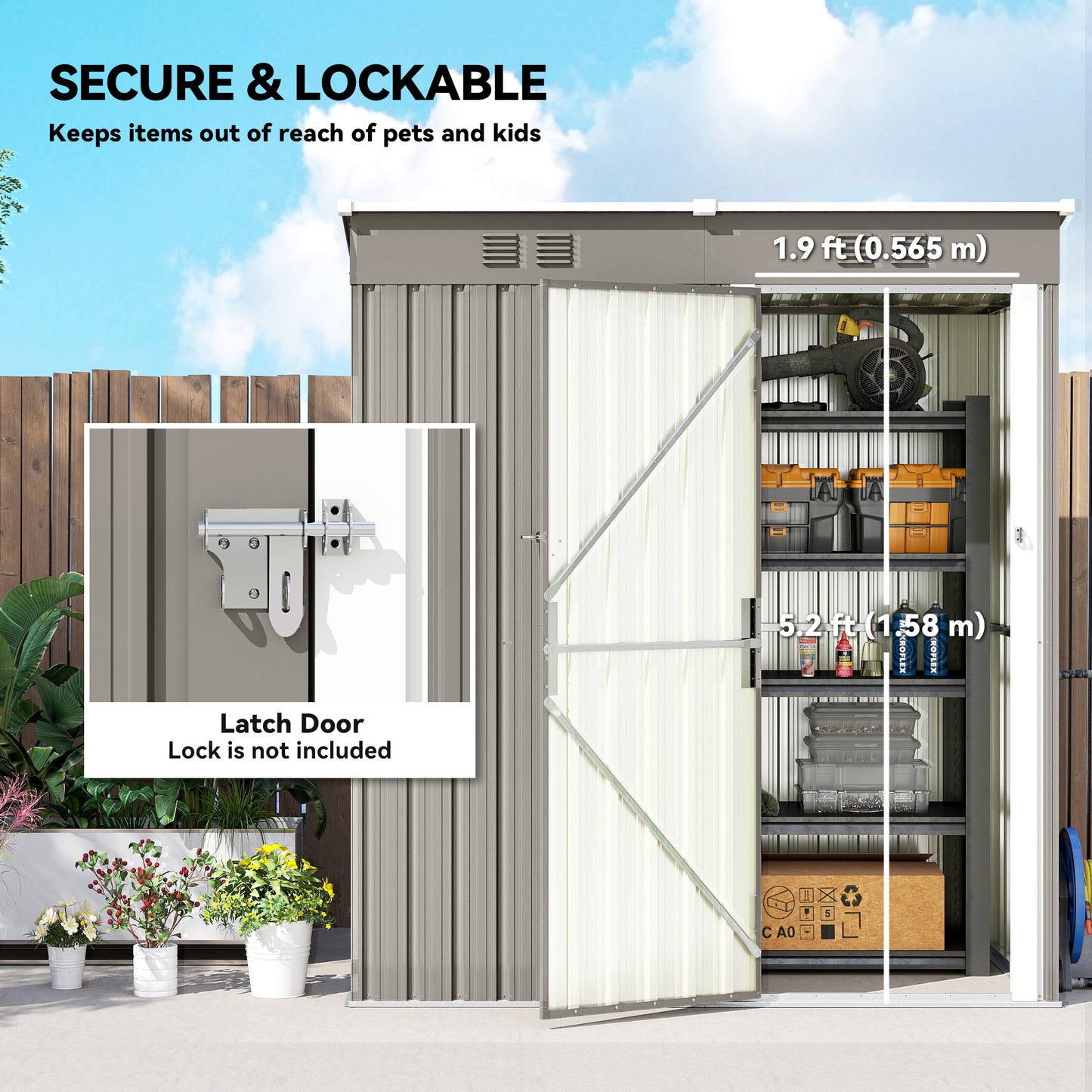 Outsunny 5 x 3 ft Lean To Garden Shed Outdoor Storage Shed With Lockable Door And Vents Light Grey