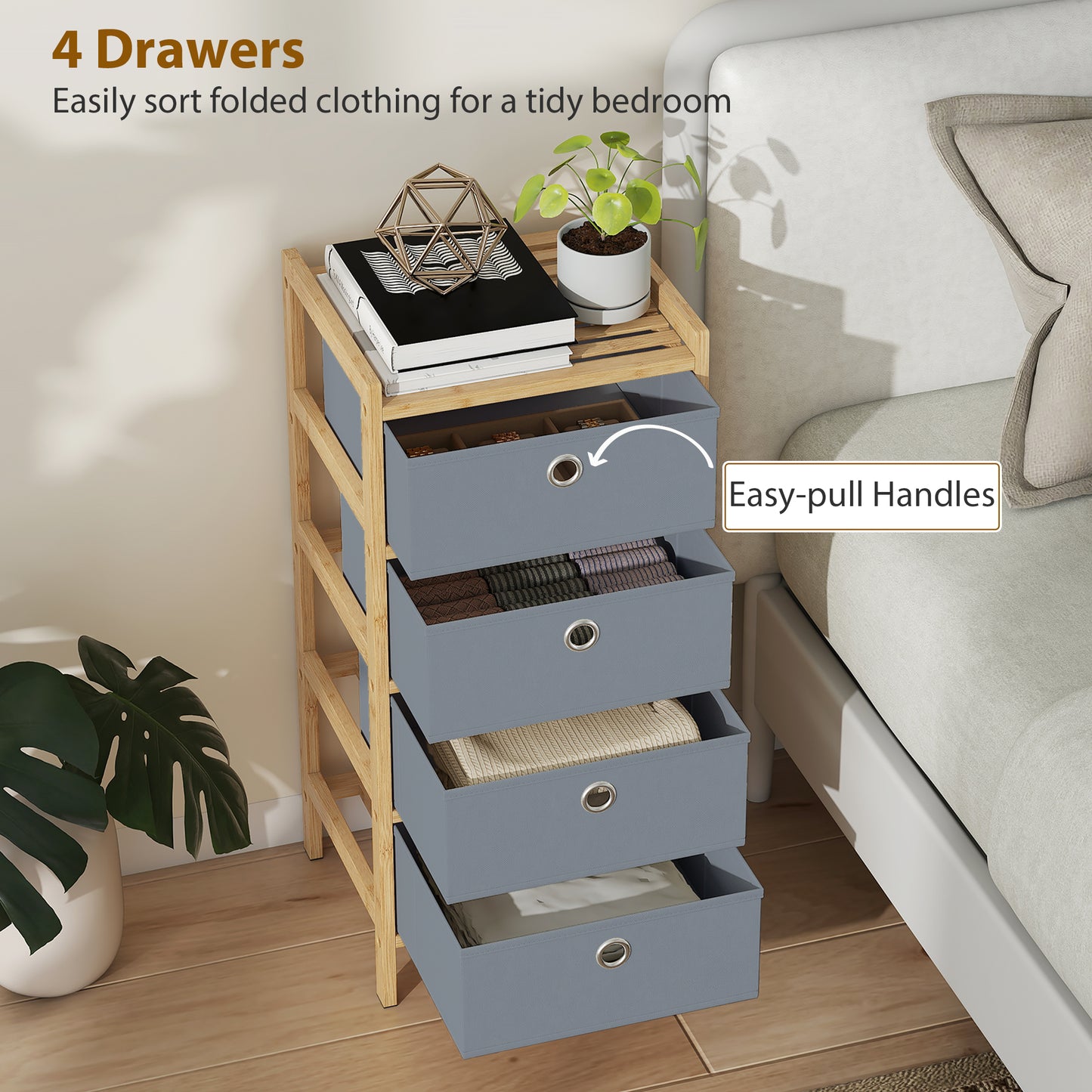 HOMCOM Chest of Drawers Narrow Dresser With Four Fabric Drawers and Bamboo Frame in Light Grey