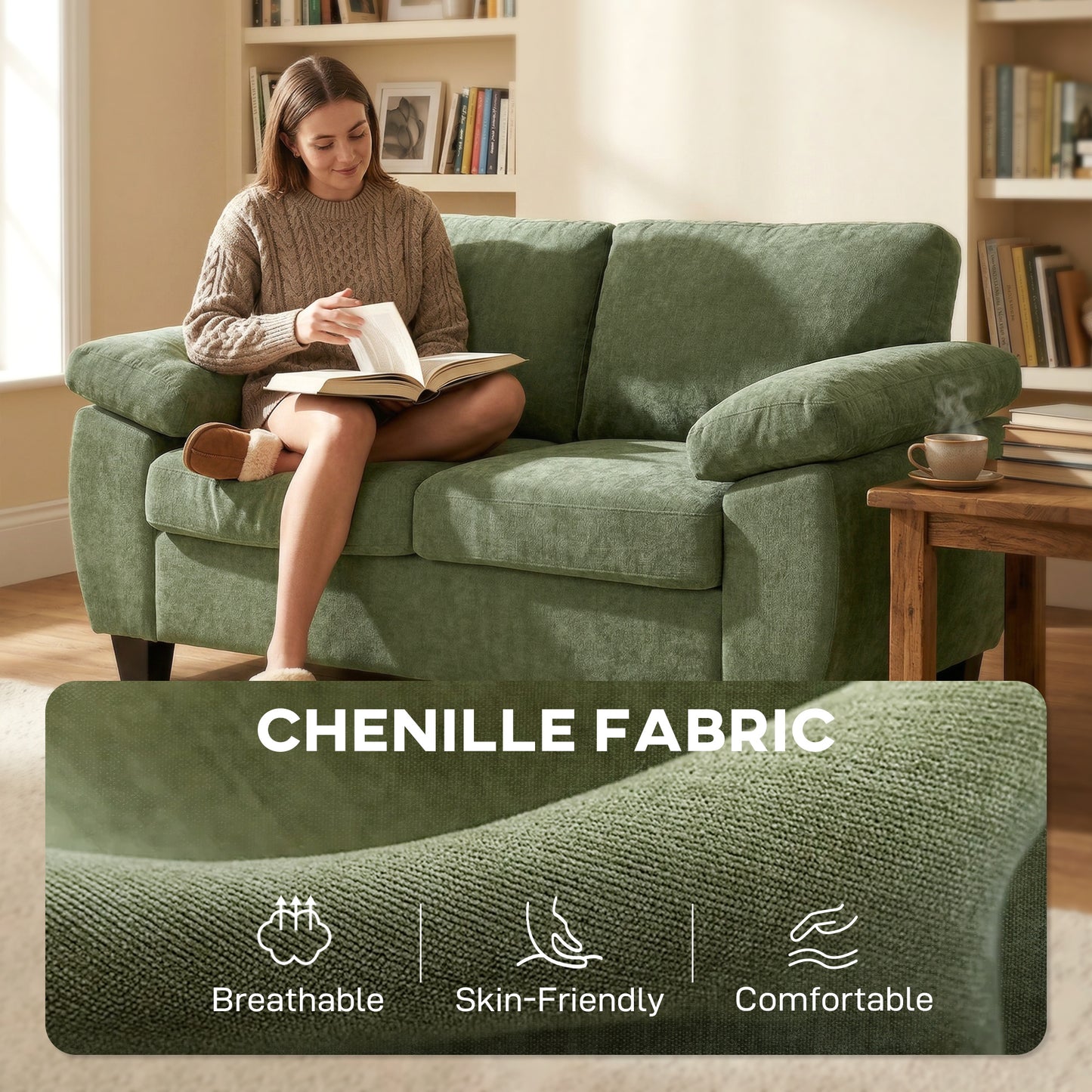 HOMCOM 2 Seater Sofa 156cm Chenille Loveseat Dark Green With Thick Cushioned Seat And Soft Upholstery