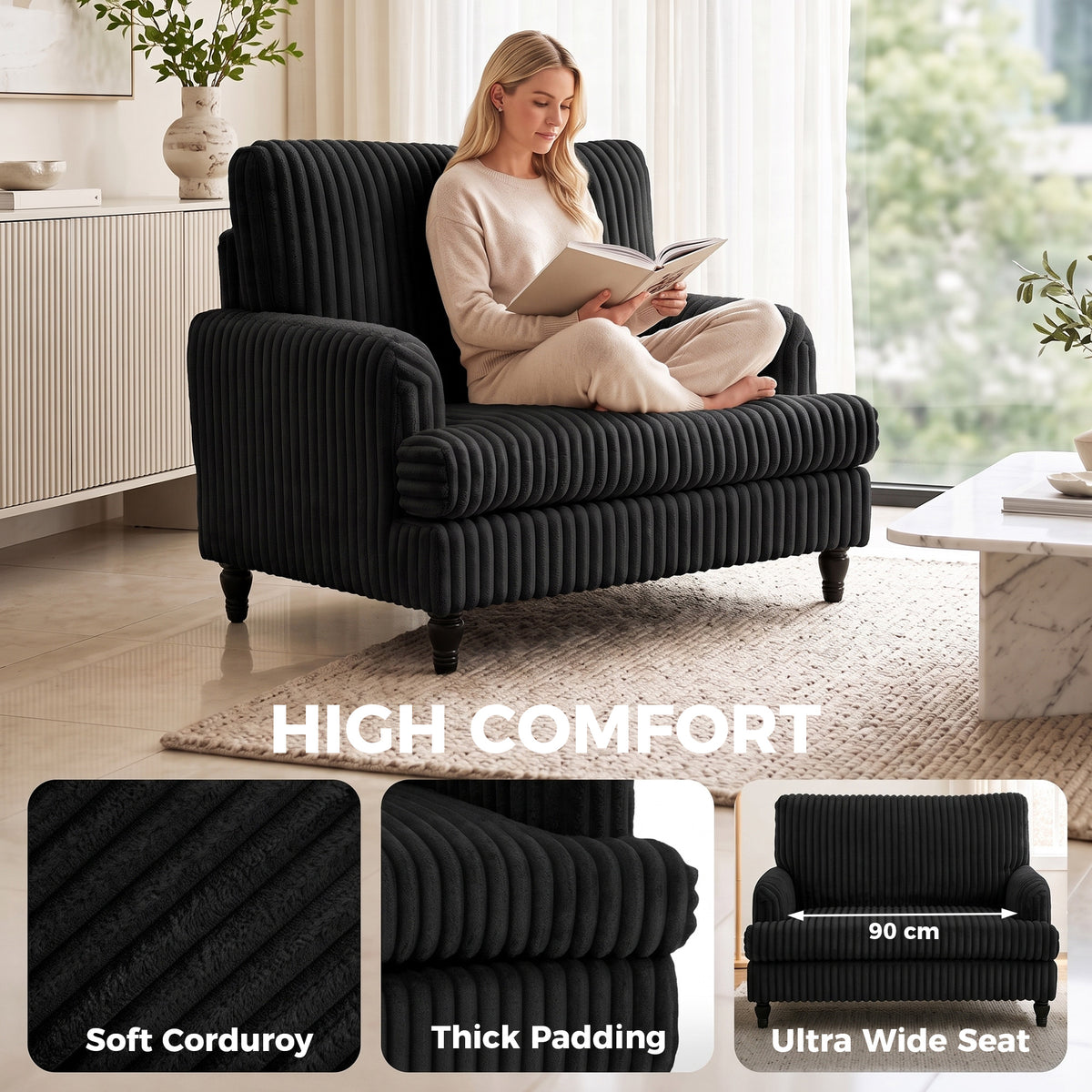 Black corduroy accent armchair with wide seat and tall back, upholstered cushions