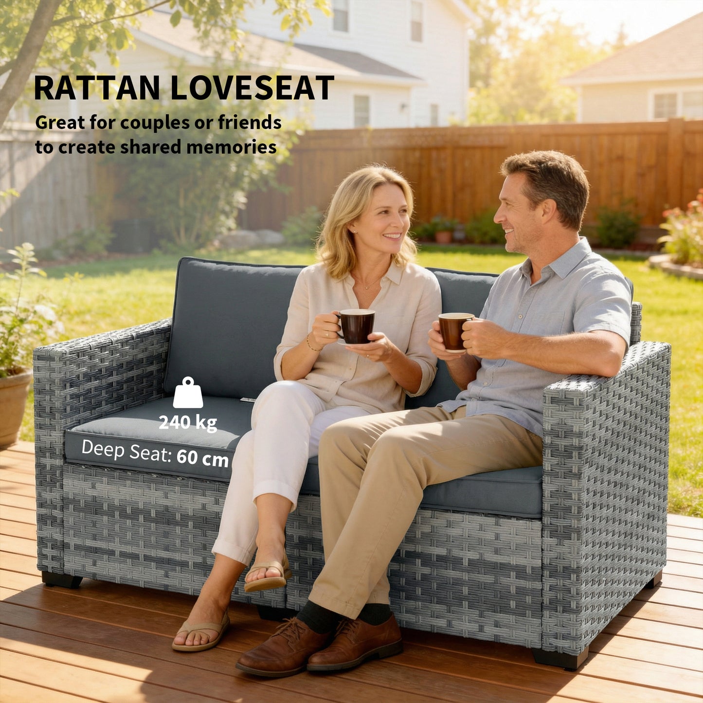Outsunny 2 Seater Rattan Sofa Outdoor Garden With Deep Seat Cushions And Wide Armrests For Patio Balcony Porch