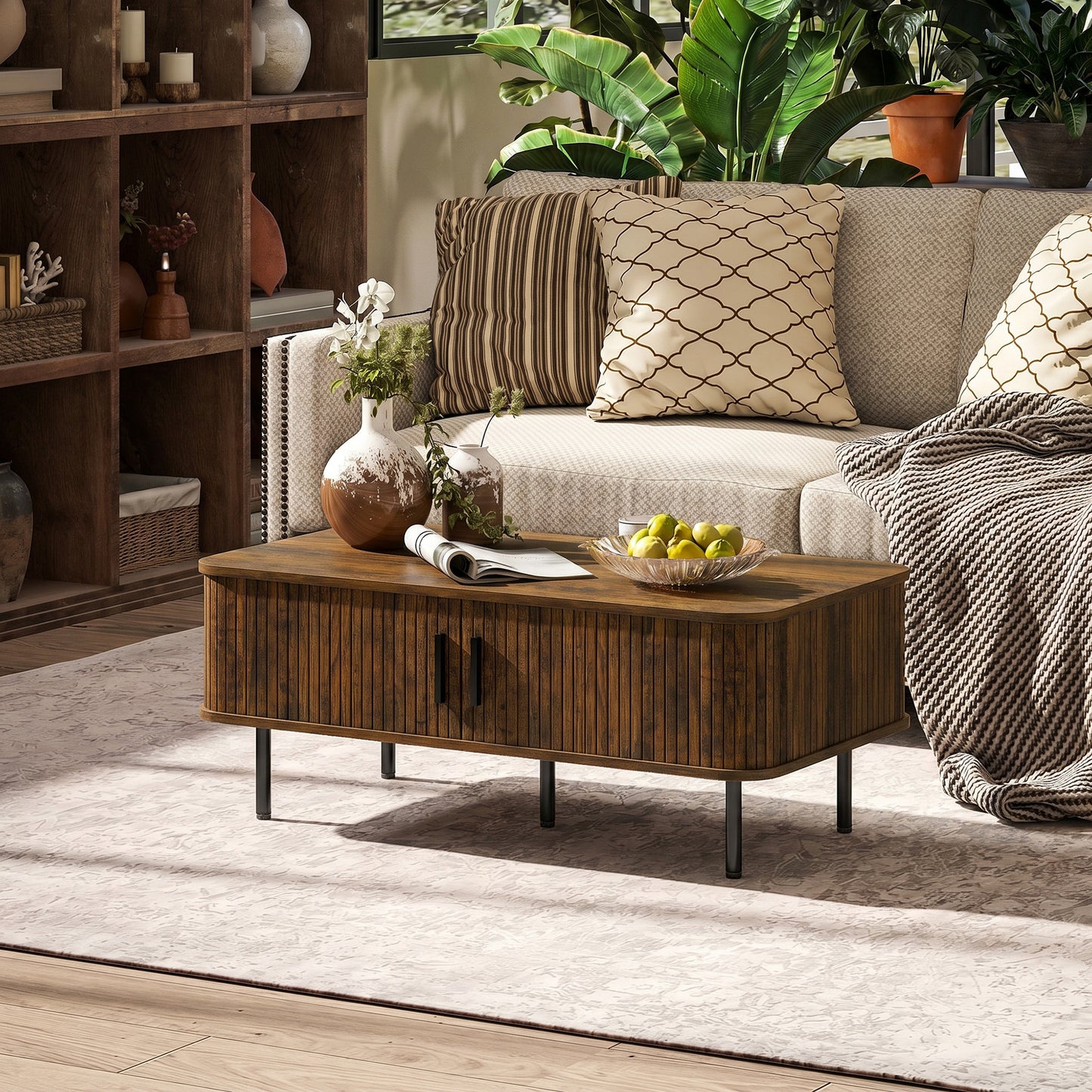 HOMCOM Coffee Table With Storage Slatted Tambour Sliding Doors Elevated Base Rustic Brown For Living Room