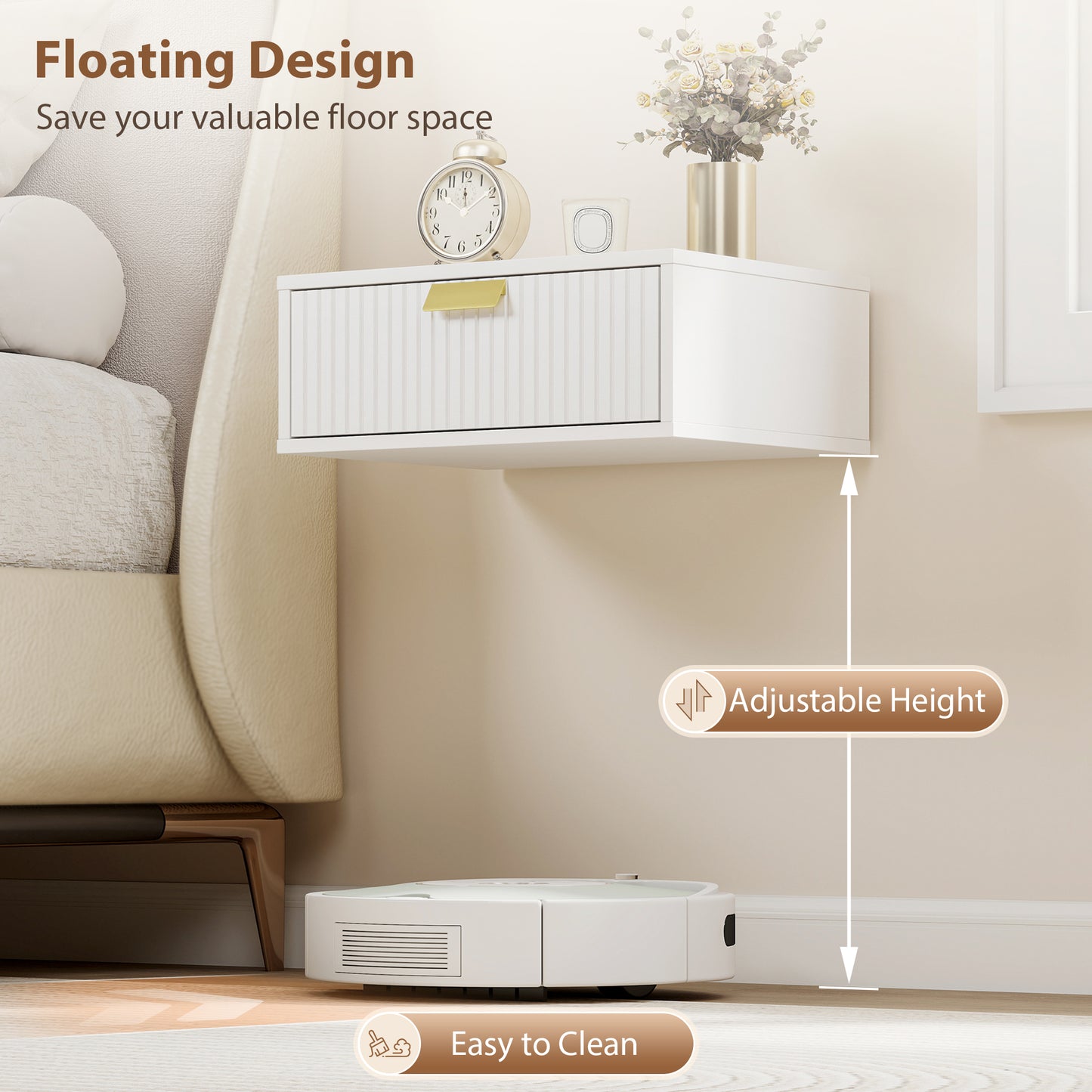 HOMCOM Floating Nightstands Set of 2 Wall Mounted Bedside Tables With Wave Drawer White Finish