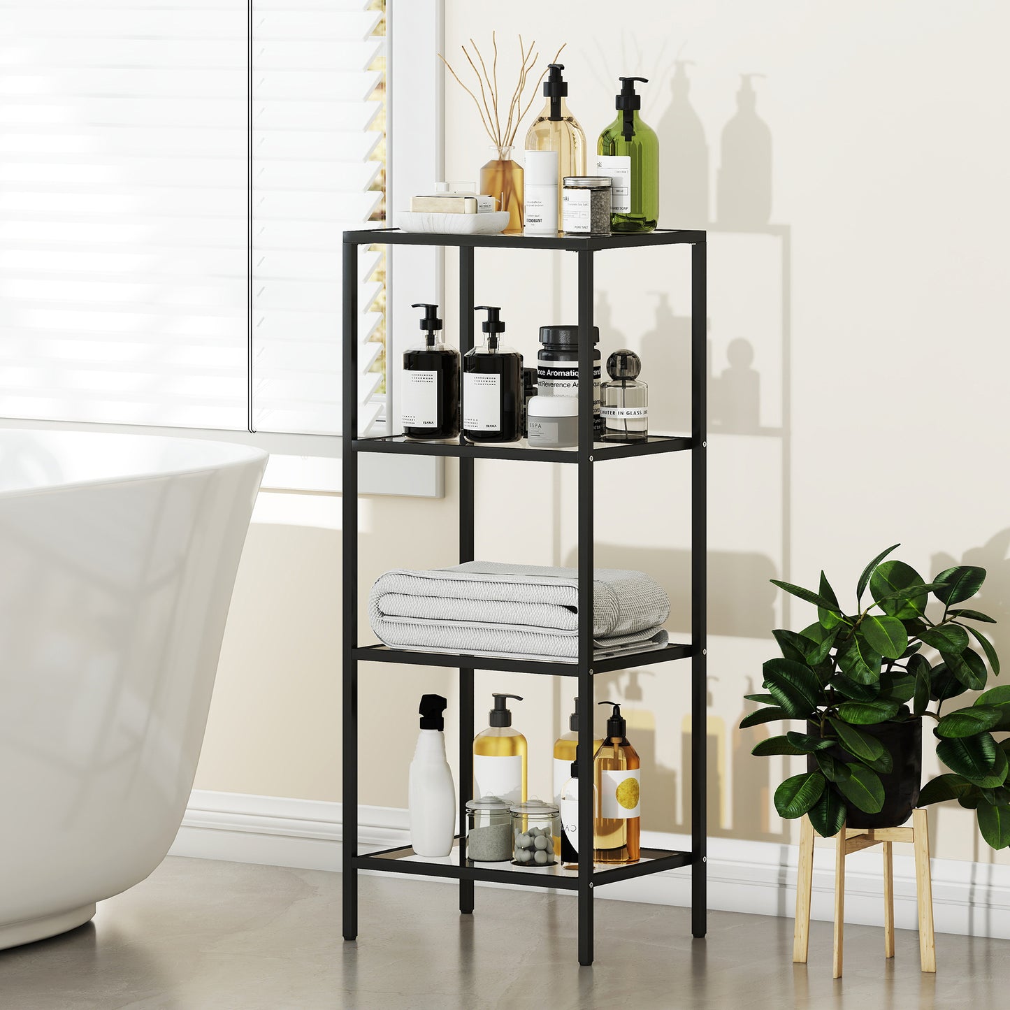 HOMCOM 4-Tier Glass Shelving Unit Vertical Storage For Living Room Home Office Bedroom Bathroom Black