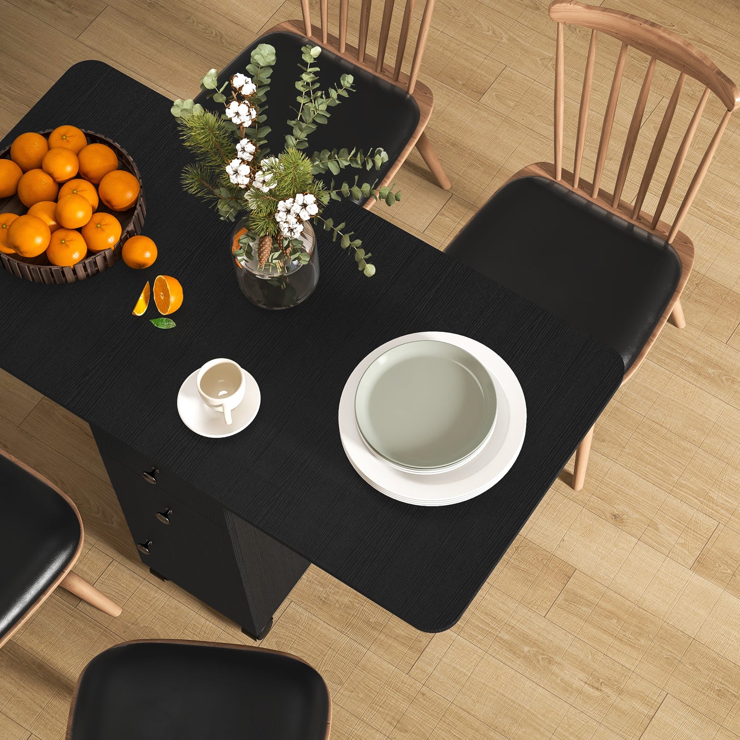 HOMCOM Multi Storage Six Person Drop Leaf Dining Table Distressed Black With Lift Up Tabletops And Built Storage Drawers