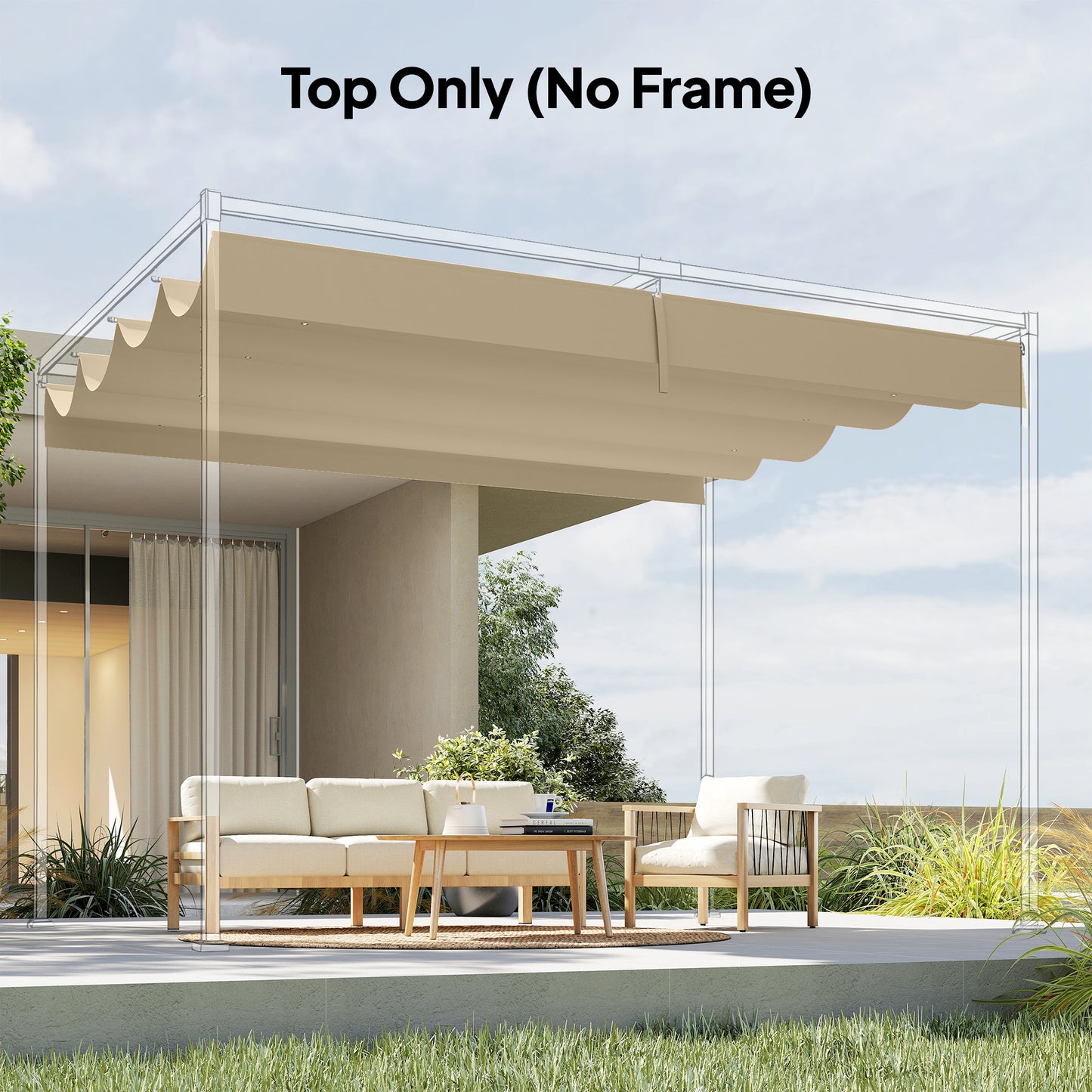Outsunny Retractable Pergola Canopy Replacement Cover 3.92 by 3.5 Meters UV30 Plus Khaki For 4 by 3 Meters Pergola