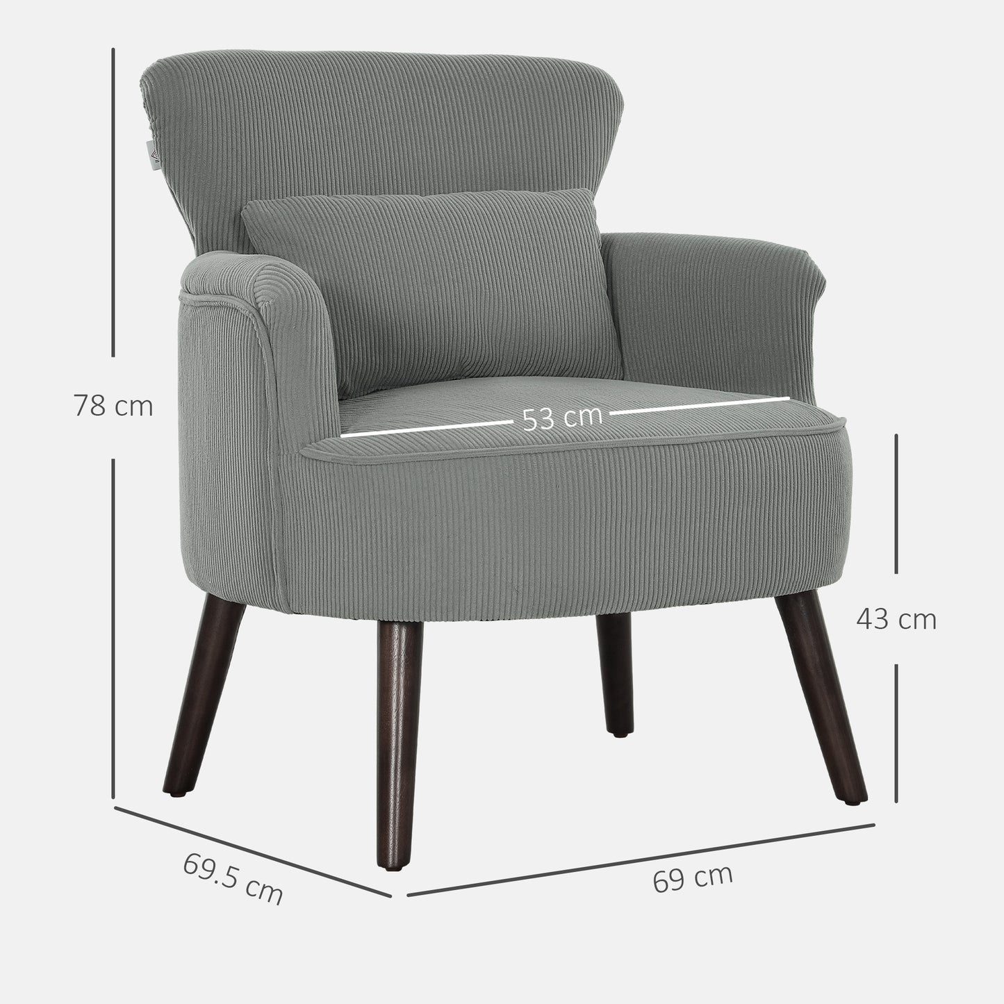 HOMCOM Corduroy Retro Wingback Accent Chair For Small Spaces Light Grey With Soft High Density Foam Padding