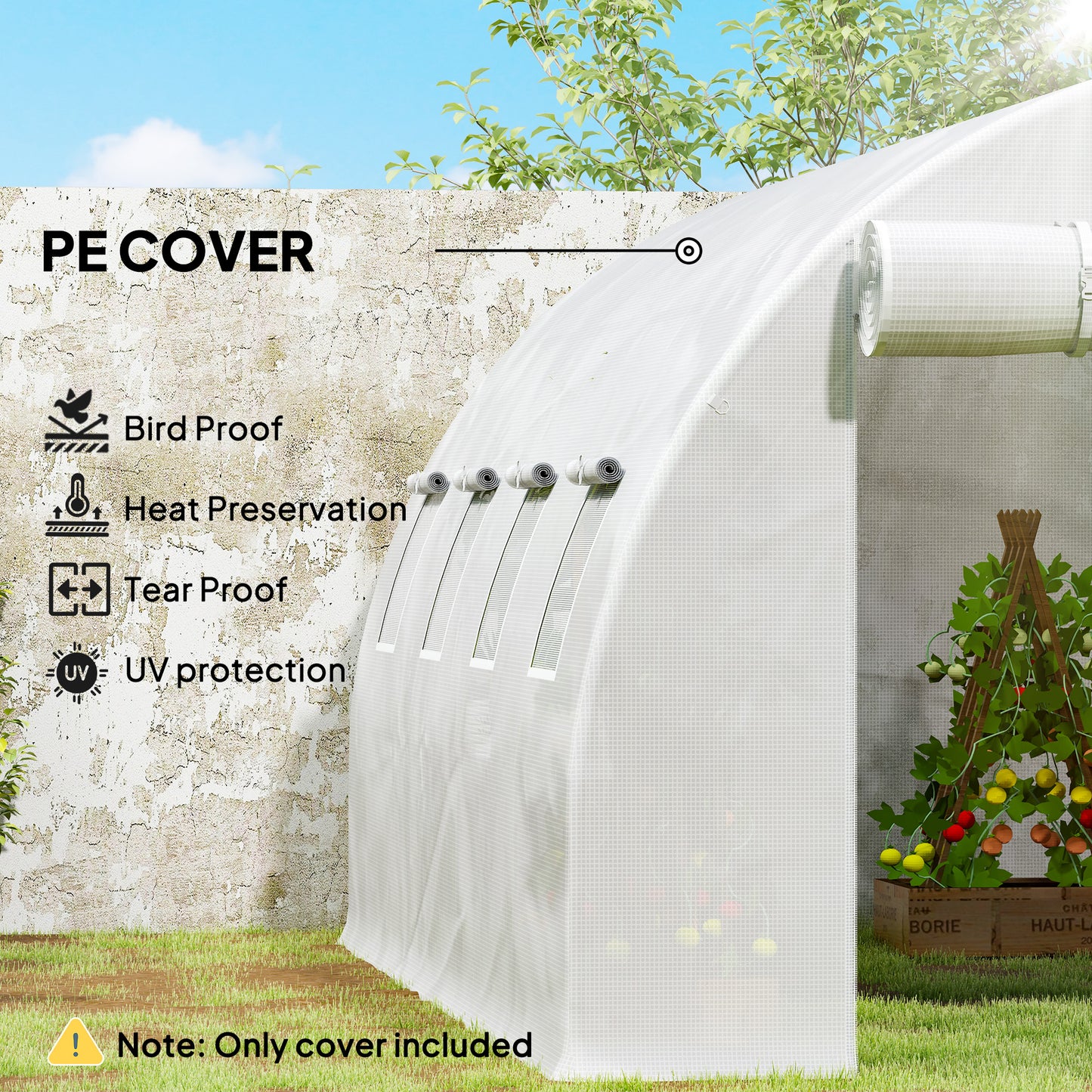 Outsunny 4x3x2m Polytunnel Replacement Greenhouse Cover White PE Mesh With Roll Up Windows And Door