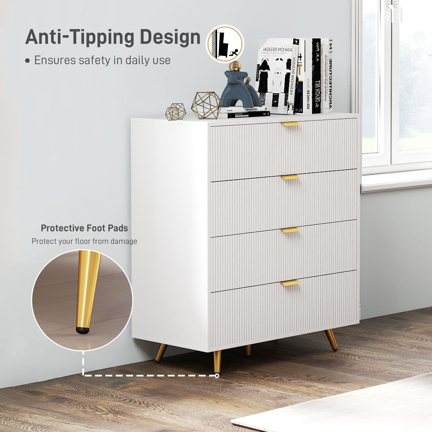 HOMCOM Elegant Four Drawer Bedside Table White With Ample Storage Nightstand For Bedroom