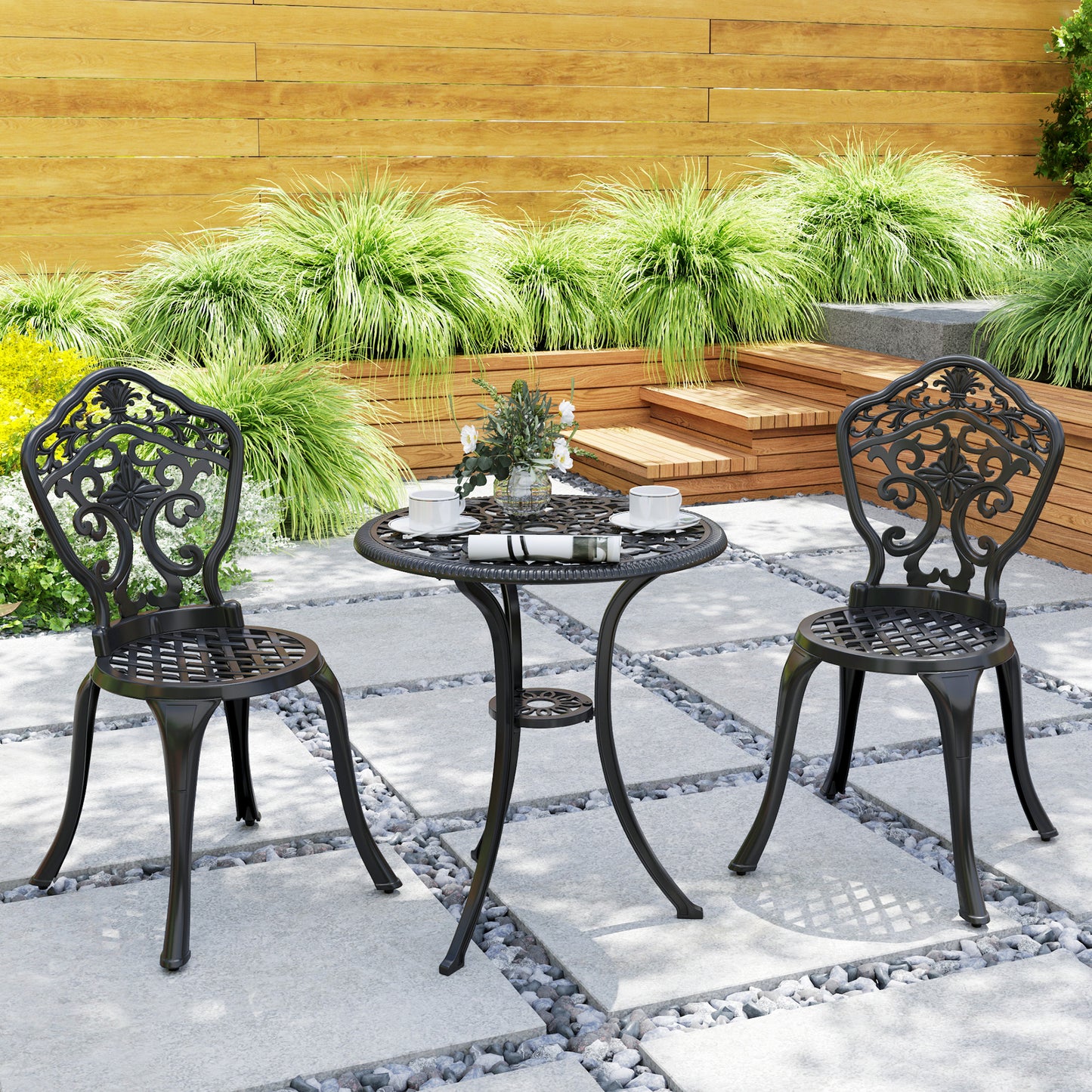 Outsunny Three Piece Aluminium Floral Bistro Set Black Outdoor Patio Furniture With Two Chairs And Table