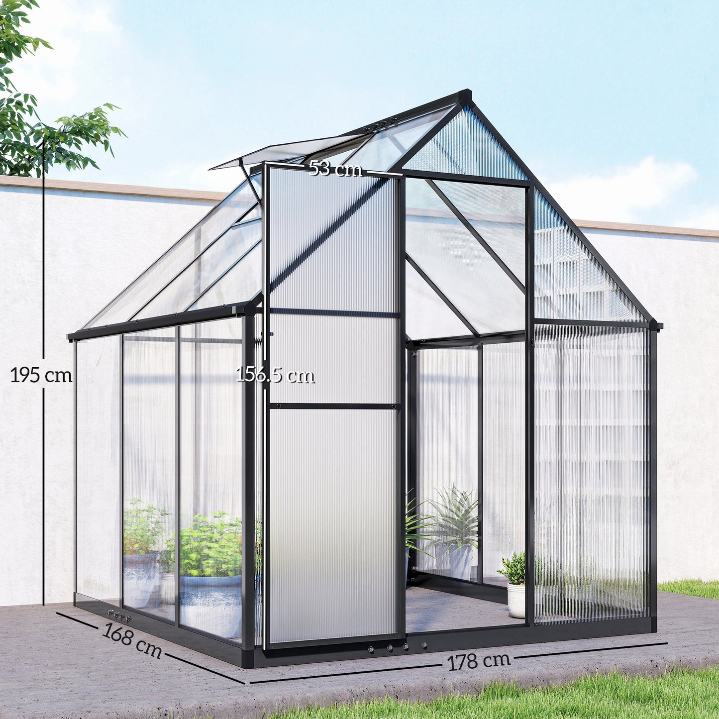 Outsunny Polycarbonate Greenhouse With Swing Door Adjustable Window Walk In Rain Gutter 5.5 By 6 Feet Black