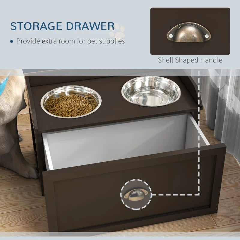 PawHut Raised Dog Bowls with Stainless Steel Dishes and 21L Storage Drawer for Large Dogs - Brown Elevated Feeder - ALL4U RETAILER LTD