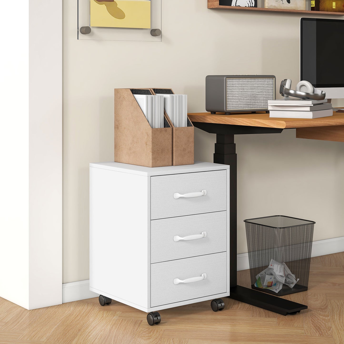 Vinsetto Compact Mobile 3-Drawer Filing Cabinet on Wheels for Home Office in White