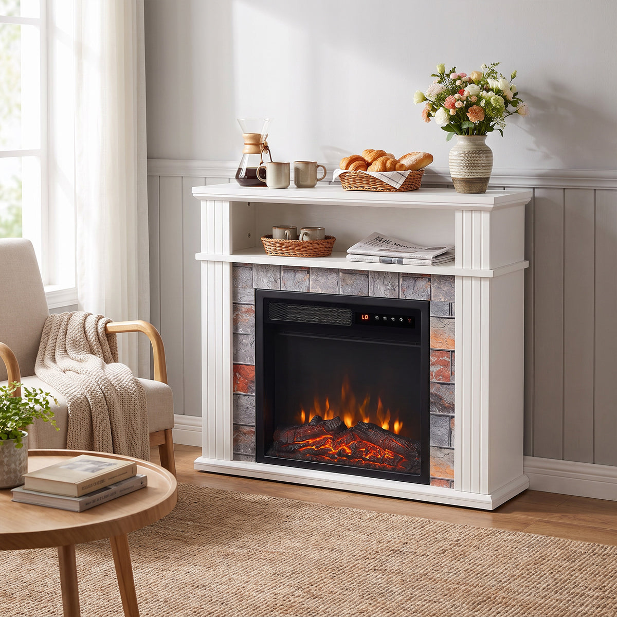 White electric fireplace TV stand with LED flame insert and storage shelf styling.