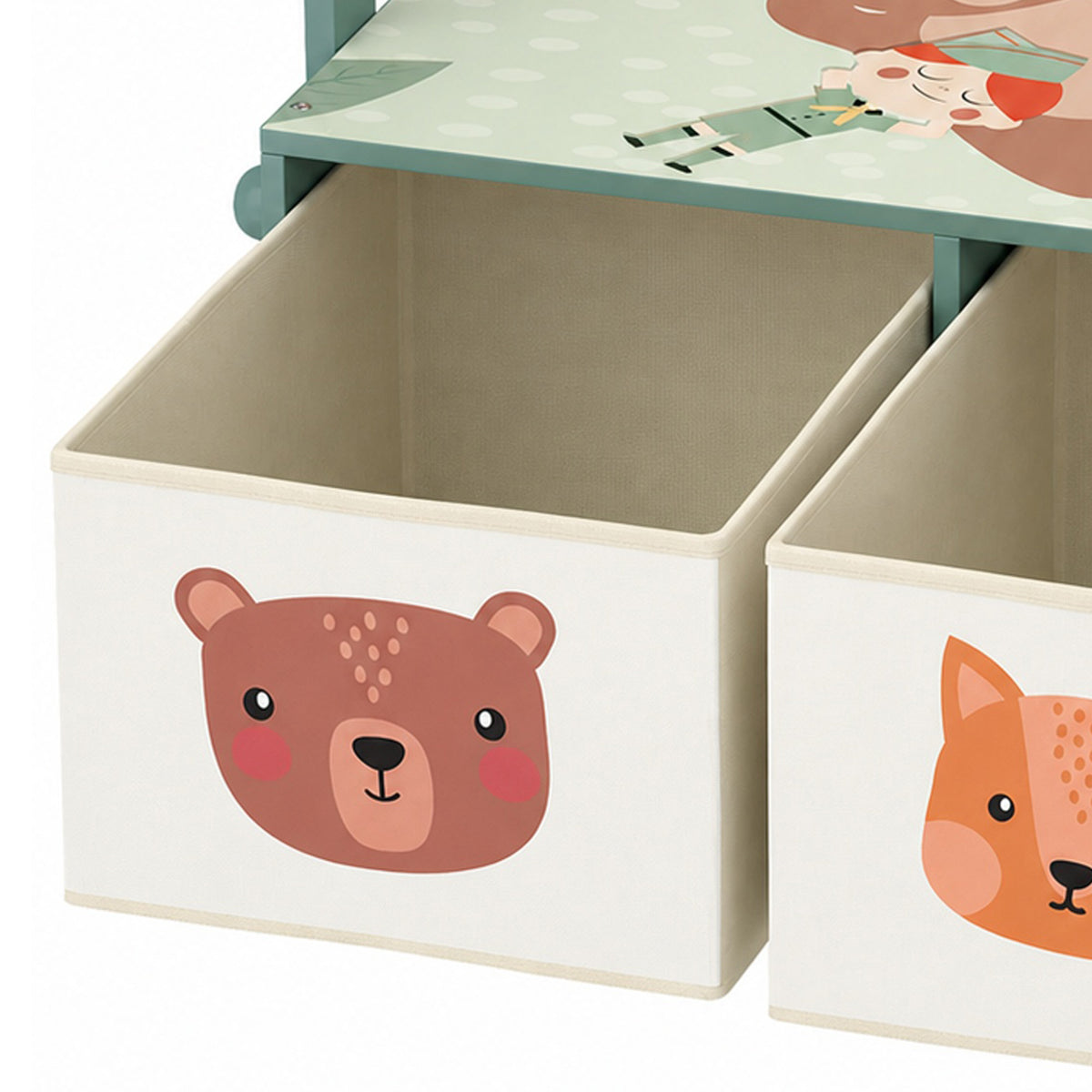 Open toy box storage with animal face panels, green-and-cream kids table set