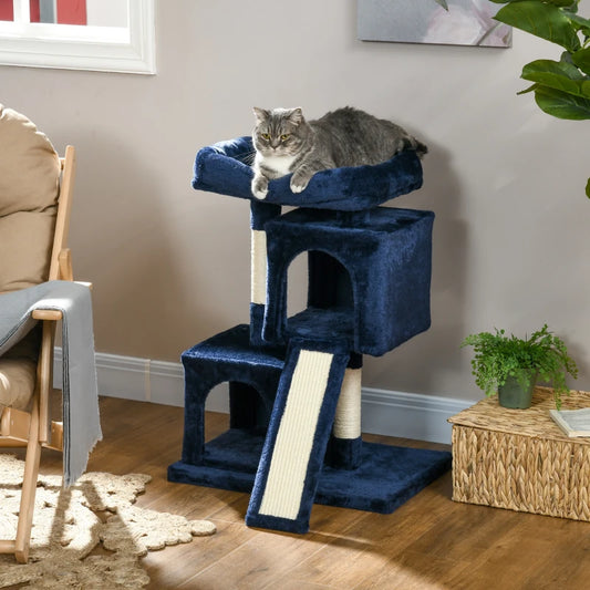 PawHut Navy Blue Sisal Cat Rest & Play Activity Tree with 2 Houses - Interactive Cat Tower