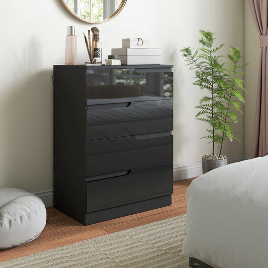 HOMCOM Four Drawer Chest With High Gloss Front Drawers In Black For Modern Bedroom Storage