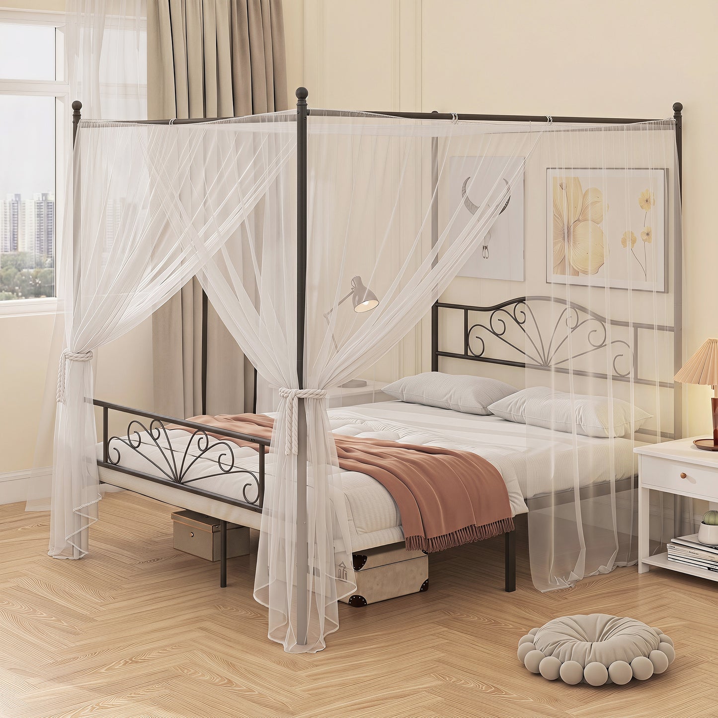 Homcom Double Canopy Bed Frame Metal Platform With Headboard Black